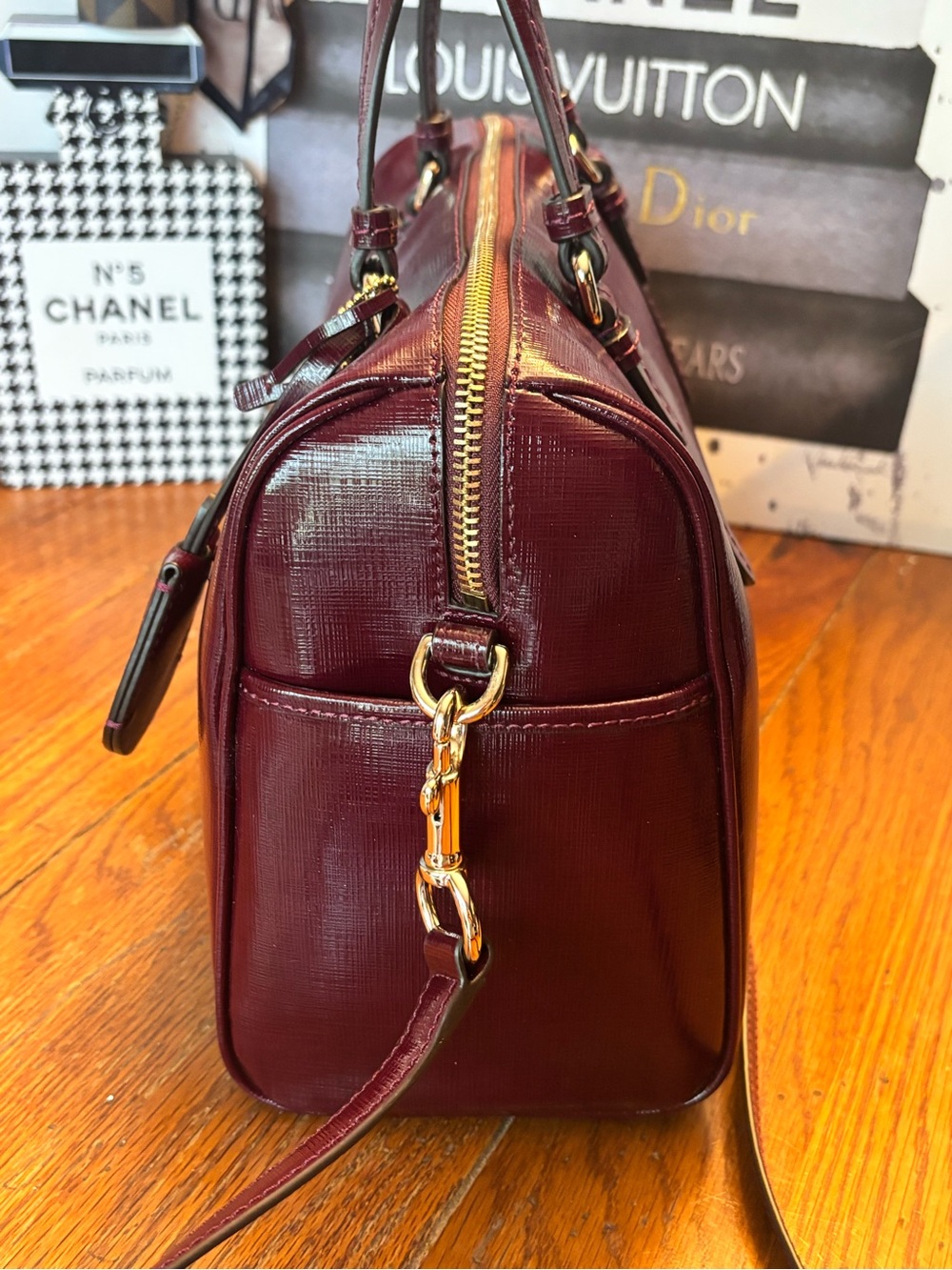 Coach Peyton Nancy Satchel F31403 Burgundy Oxblood Patent Crossgrain Leather EUC - Picture 5 of 12
